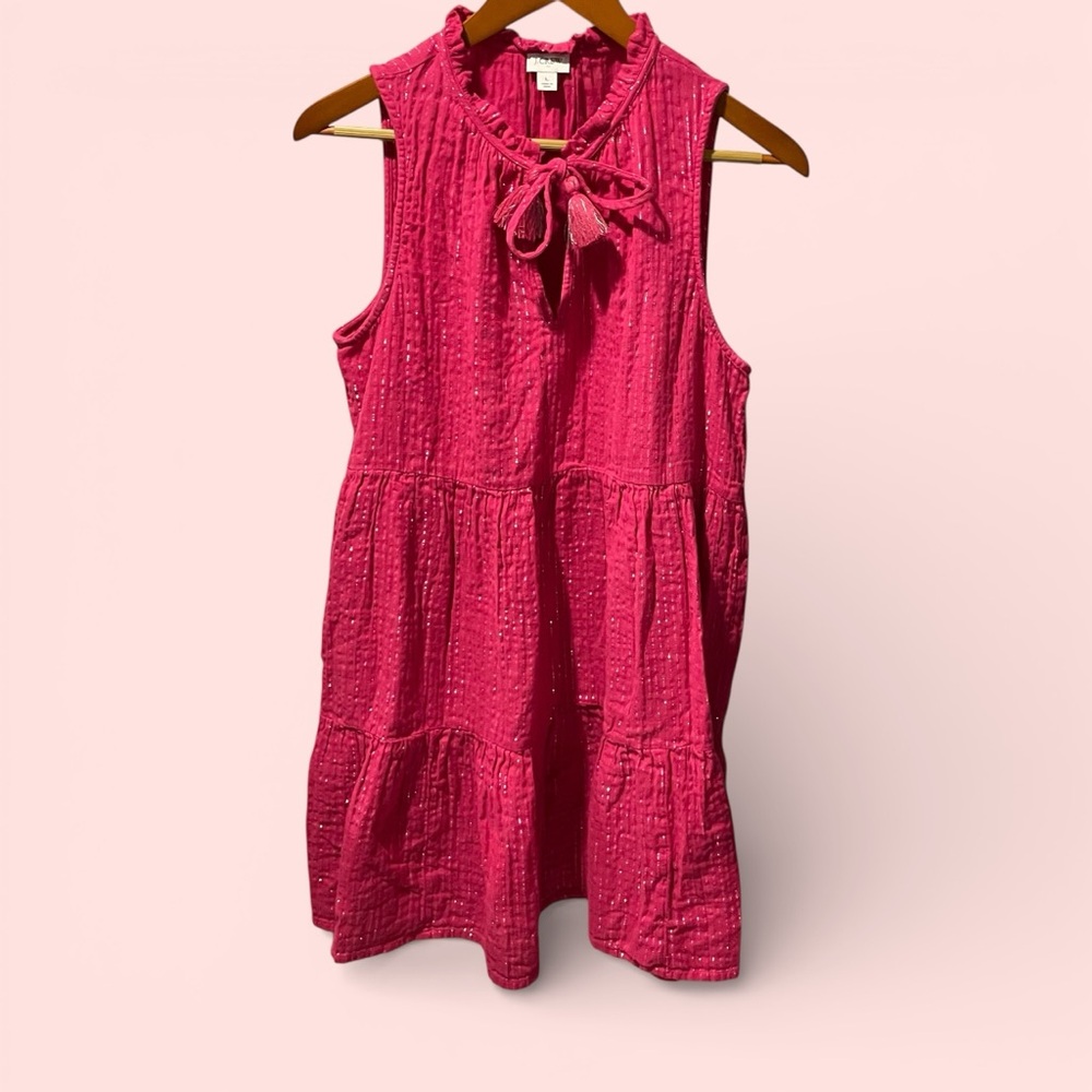 Cute J. Crew pink metallic stripe ruffle tie neck breezy seersucker dress fairy